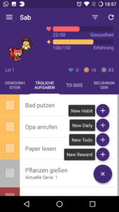 Oben die Punkte und der Avatar, unten die Aufgaben. Quelle: Screenshot Habitica