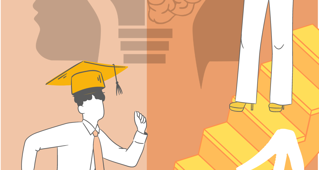 Das Bild ist eine Grafik, auf der mittig von links unten nach rechts oben eine Treppe zu sehen ist. Unten links steht ein junger Mann im Anzug mit einem Doktorhut und einer Tasche aus Büchern. Er läuft die Treppe hinauf. Oben auf der Treppe steht eine Frau, die ein Klemmbrett im Arm hält und auf den Mann herunterblickt. Im Hintergrund ist eine Zeichnung eines Gehirns zu sehen.