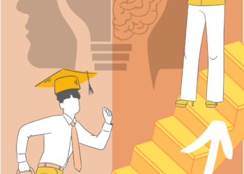 Das Bild ist eine Grafik, auf der mittig von links unten nach rechts oben eine Treppe zu sehen ist. Unten links steht ein junger Mann im Anzug mit einem Doktorhut und einer Tasche aus Büchern. Er läuft die Treppe hinauf. Oben auf der Treppe steht eine Frau, die ein Klemmbrett im Arm hält und auf den Mann herunterblickt. Im Hintergrund ist eine Zeichnung eines Gehirns zu sehen.